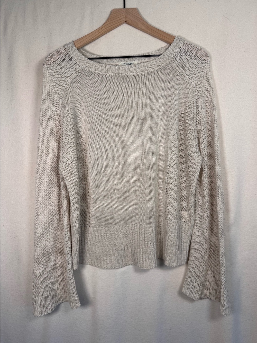 Max Studio Ivory Crewneck Sheer Open Knit Crochet Relaxed Sweater,Bell Sleeves